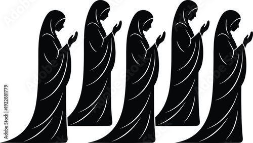 Muslim woman praying silhouette icon set Islamic prayer female hijab vector illustration religious worship symbol isolated collection design