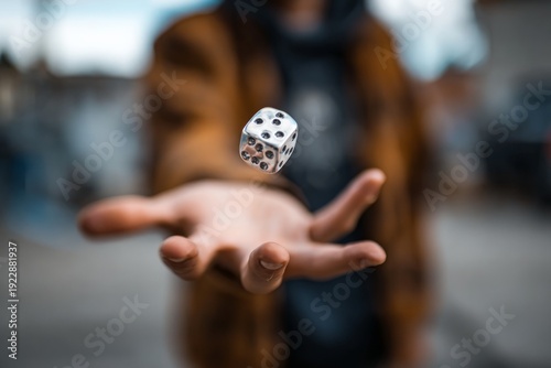 A man in a brown jacket tossing a silver dice into the air with his outstretched arm, a blurred background of a cityscape, and soft natural lighting