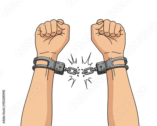 Illustration of two raised fists breaking chains. The handcuffs are snapped, symbolizing freedom and empowerment. White background, with action lines.