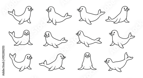 A collection of black silhouette seals playfully swimming in a group