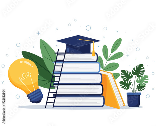 Illustration of stacked books topped with a graduation cap, a ladder leaning against them. A large lightbulb, plants, and abstract shapes suggest learning.