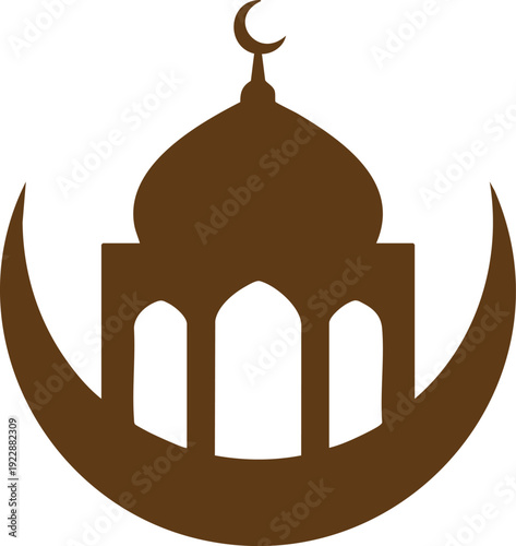Brown Mosque Silhouette within a Crescent Moon on White Background