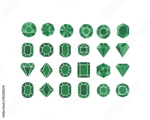 Assortment of Geometric Green Gemstone with Faceted Cuts on a White Background