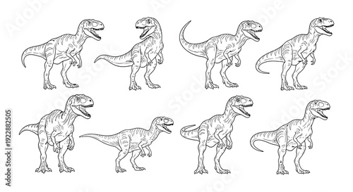 A collection of velociraptor dinosaur sketches in various poses