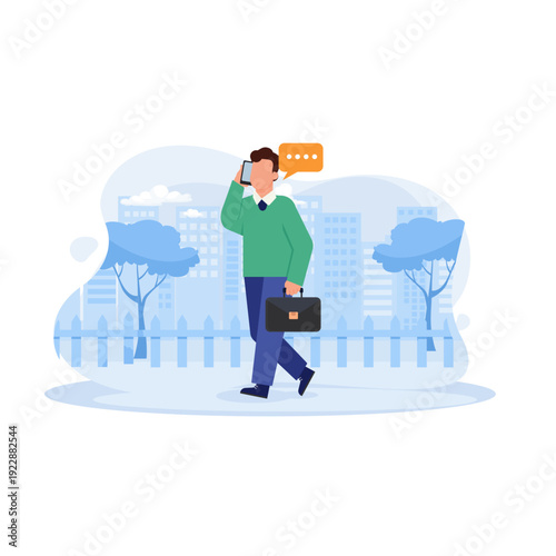Communication concept. A man is walking while talking on the phone on his way home from work. flat vector modern illustration.