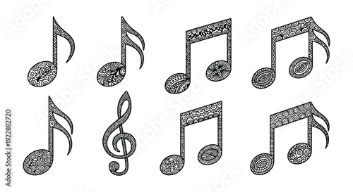 Collection of ornate musical notes and symbols in grayscale