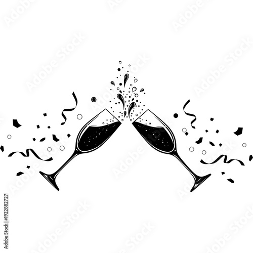 Celebratory clinking of wine glasses amidst confetti and bubbles Vector