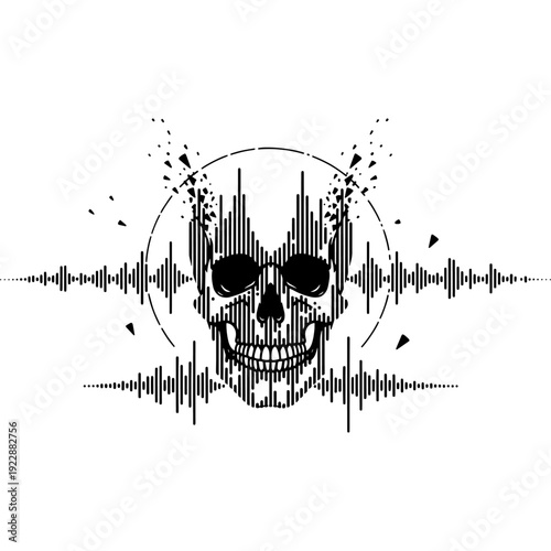 Eerie skull illustration surrounded by sound wave patterns and scattered particles Vector