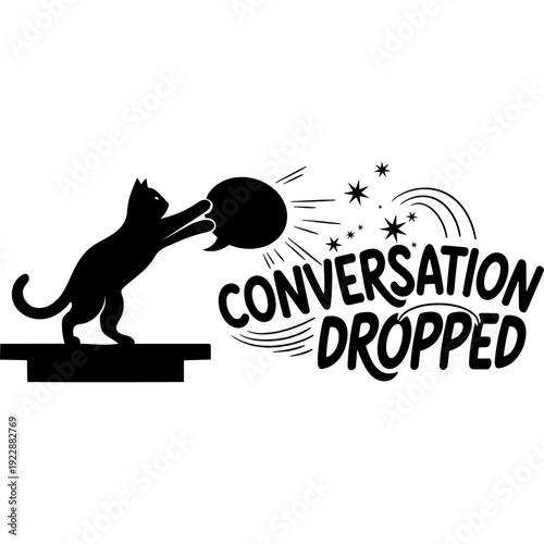 A cat accidentally knocks over a conversation bubble, symbolizing a dropped chat. Vector