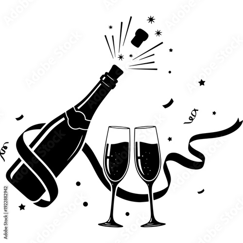 Celebratory champagne toast with dancing wine glasses and popping cork Vector