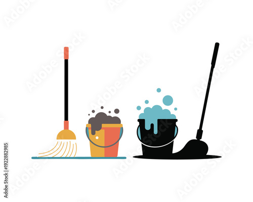 Two cleaning buckets with mops, one with dirty water and the other with soapy blue water and bubbles, on a white background