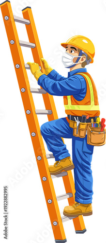 A construction worker with full PPE and equipment climbs a ladder.