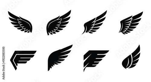 Collection of black wing designs and feather illustrations on white background