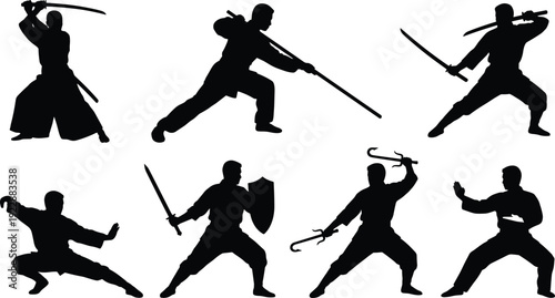 Collection of martial arts warrior silhouettes with swords and weapons, dynamic combat poses vector illustration isolated on white background, action fighter set design.