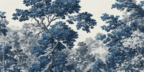 Monochrome Jungle Scene in Blue and White with Lush Foliage and Tall Trees