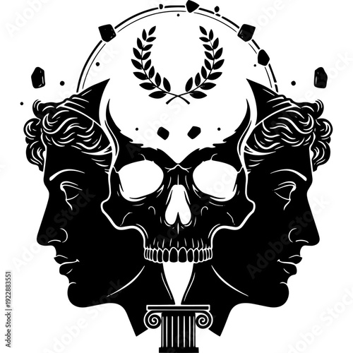 Mysterious dual-skull emblem with intricate gothic and mechanical designs Vector
