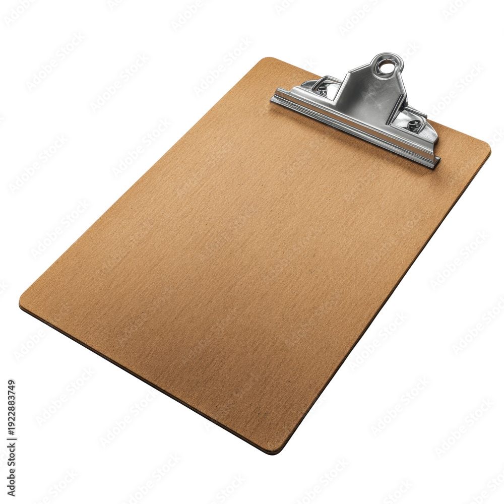 Fototapeta premium Blank Clipboard with Clip on Wood Surface for Note Taking Tasks