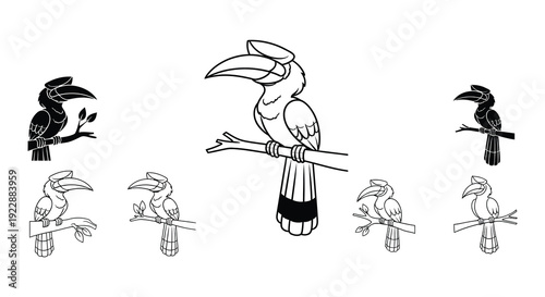 Line art illustration depicting six toucan birds perched on branches