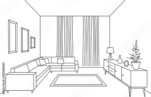 Minimalist living room interior line art sketch featuring corner sofa sideboard console table curtains rug wall art and potted plant