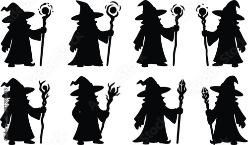 Wizard silhouettes collection with magic staff and hat, fantasy sorcerer character vector illustration isolated on white background, mystical mage set design.