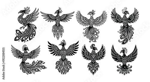 A collection of ornate black phoenix designs in various stylized poses
