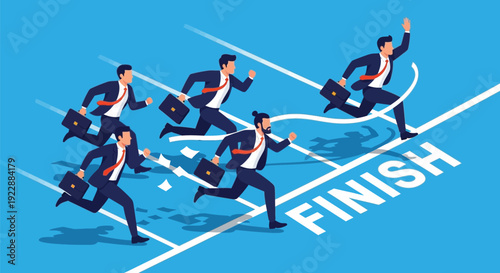 Illustration of businessmen running a race with briefcases. One crosses the finish line, expressing triumph. Others follow, showing determination. Blue background.
