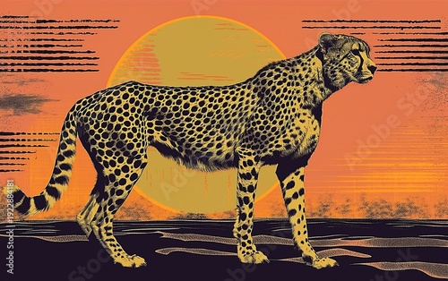 A cheetah stands tall on a flat desert landscape. Its sleek body is marked with distinct black spots. The background features a large setting sun that fills the sky with warm hues of orange and yellow