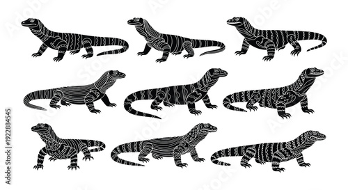 Nine black and white illustrations of bearded dragons in various poses