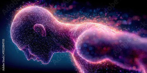 Vibrant Digital Art of Abstract Human Figure with Neon Particle Network