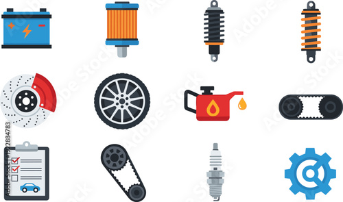 Automotive parts icons set illustration, car battery filter shock absorber brake disc wheel oil spark plug, auto maintenance service concept