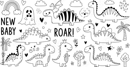 Cute Baby Dinosaur Doodle Set with Hand Drawn Outline Vector