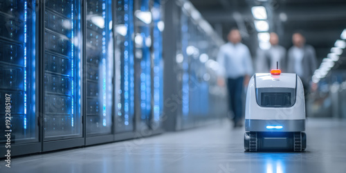 Autonomous AI Robot Monitoring Server Room in Modern High-Tech Data Center Facility with IT Engineers in Background - Future of Automation Technology