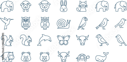 Cute Animal Outline Icons Collection Simple Line Art Vector Set