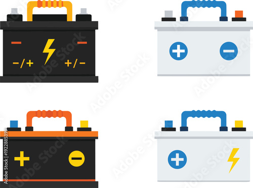 Car battery icons set illustration, automotive power аккумулятор symbols with positive negative terminals, electric energy storage, auto maintenance concept