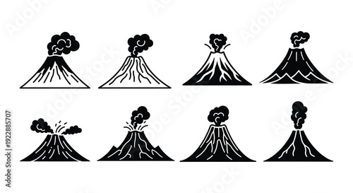 Stylized depictions of erupting volcanoes in a black and white design