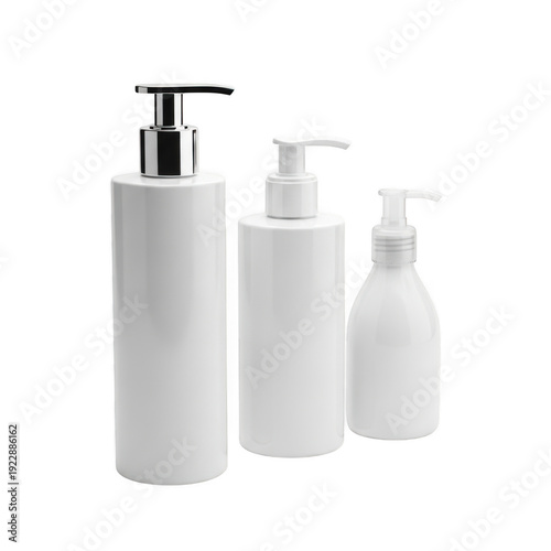 A set of white bathroom soap dispensers on a white background
