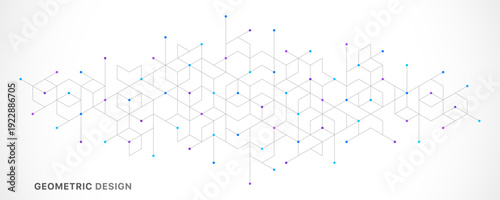 Abstract geometric 3D cube structure with connected lines and dots on white background. Concept of digital technology, blockchain, data visualization, architecture, innovation and modern design