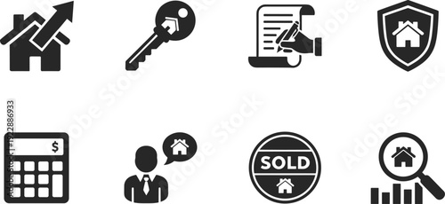 Real Estate and Property Management Icon Set: Silhouette Symbols for Mortgage, House Protection, Signing Contracts, and Market Search