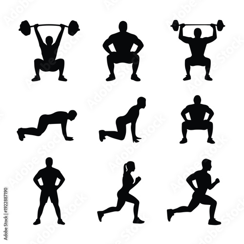 A set of black silhouette icons depicting various fitness exercises and activities