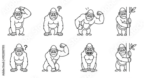 A collection of cartoon gorillas displaying different emotions and poses