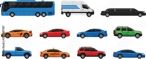 Isometric transport vehicle set illustration, bus van limousine taxi sports car sedan suv pickup collection, urban transportation automotive design concept