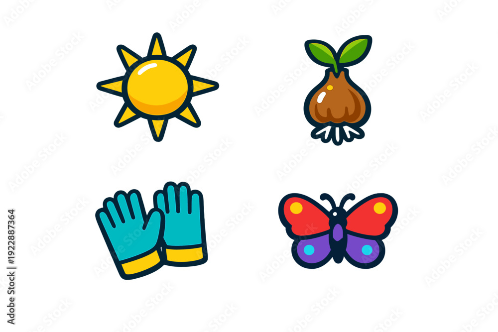 Fototapeta premium A set of four gardening and nature icons featuring a bright yellow sun, a sprouting plant bulb, teal garden gloves, and a colorful butterfly on a solid black background.
