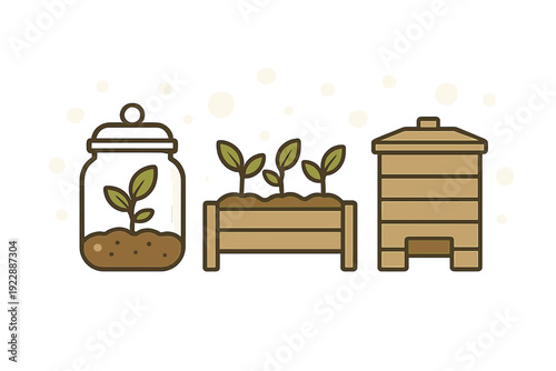 A flat illustration featuring a glass terrarium jar with a plant, a wooden raised garden bed with seedlings, and a beehive, all surrounded by yellow circles on a black background.