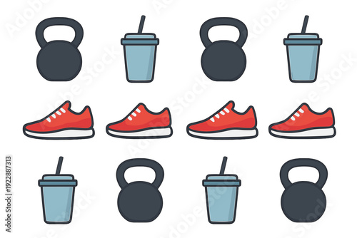 A seamless pattern tile featuring fitness icons including dark grey kettlebells, light blue protein smoothie cups with straws, and red running shoes arranged on a black background.