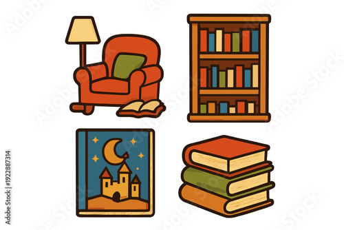 A collection of four reading-themed illustrations featuring a cozy armchair with a lamp, a wooden bookshelf, a storybook with a castle cover, and a stack of colorful books.