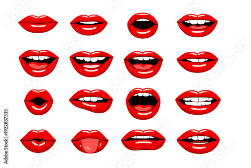 A collection of sixteen cartoon mouth expressions with bright red lips and white teeth shown in a grid on a black background, featuring various emotions like smiling and laughing.