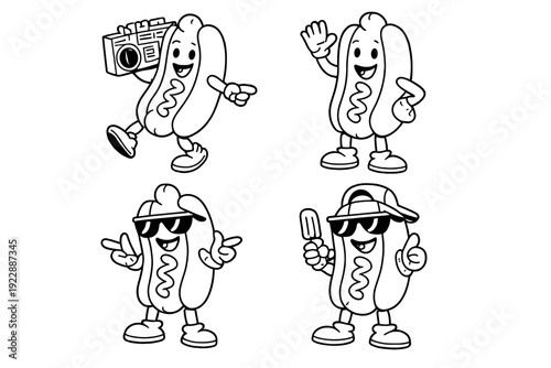 Four vintage style cartoon hot dog characters are shown in different poses. One carries a boombox, others wear sunglasses or wave, all rendered in black and white line art on a black background.