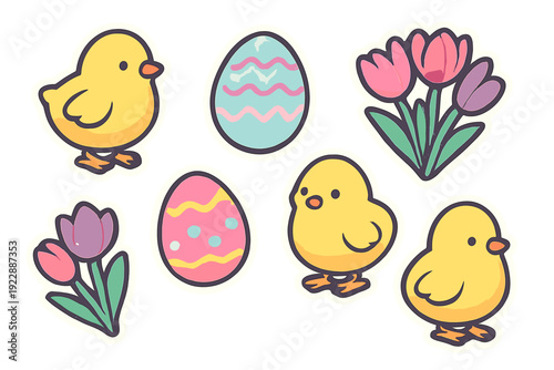 Set of Easter stickers including three yellow chicks, two patterned eggs, and two tulip flower bouquets. Each illustration features a soft watercolor style with bold dark outlines.