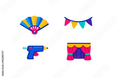 A collection of four colorful stickers featuring a folding fan, a bunting banner, a blue glue gun, and a theater stage with pink curtains, all set against a solid black background.
