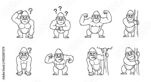 A collection of cartoon gorillas displaying different emotions and poses